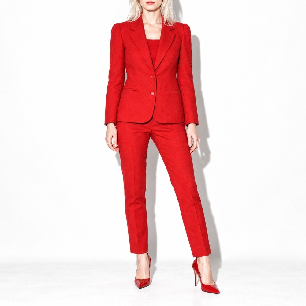 80s Vintage Red Wool 2 Button Blazer Womens S Puff Sleeve Office Jacket True Red